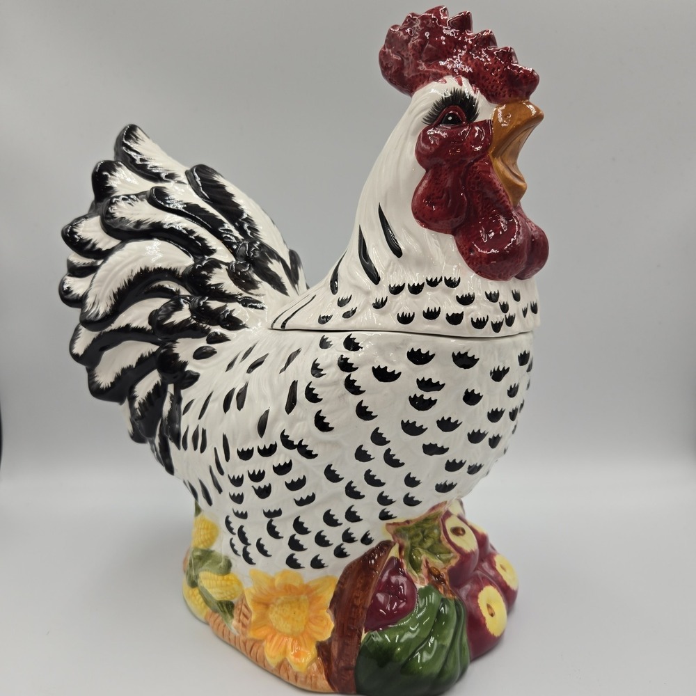 Vintage CKA Large Black White Detailed ROOSTER Chicken Cookie Jar Cottagecore